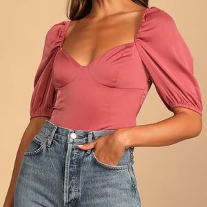 Lulus Sweet Personality Rusty Rose Puff Sleeve Bodysuit - size Large